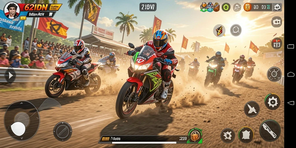 Tangkapan layar gameplay 62IDN yang menampilkan balapan motor yang mendebarkan.