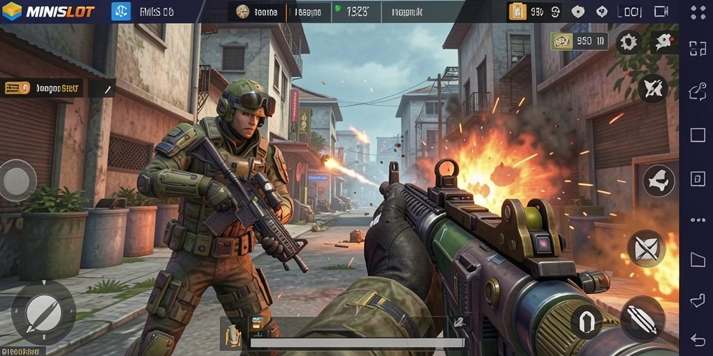 Screenshot gameplay MINISLOT dengan aksi tembak-menembak yang intens.