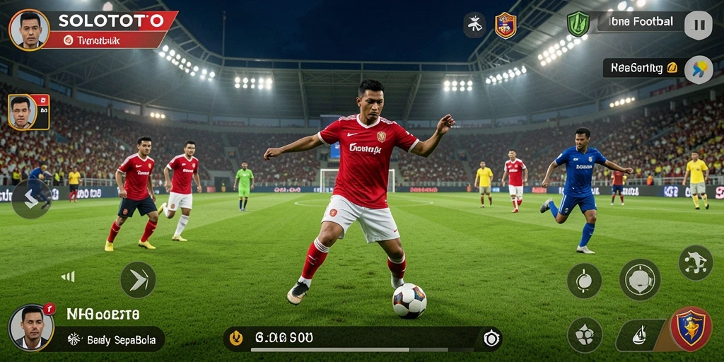 Tampilan layar permainan SOLOTOTO yang menunjukkan aksi sepak bola yang seru.